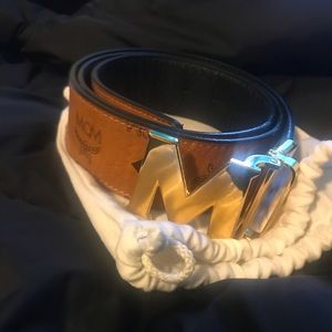 MCM cognac & black reversible Gold M Buckle Belt